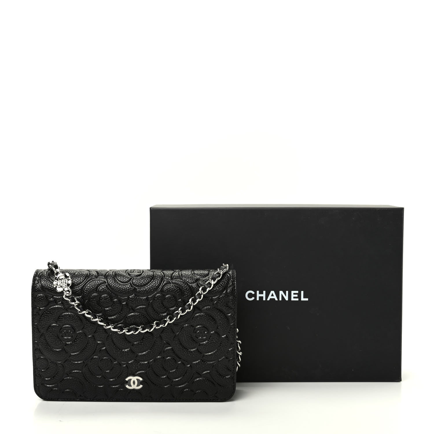 Chanel Caviar Camellia Embossed Wallet On Chain WOC Black 10 of 10