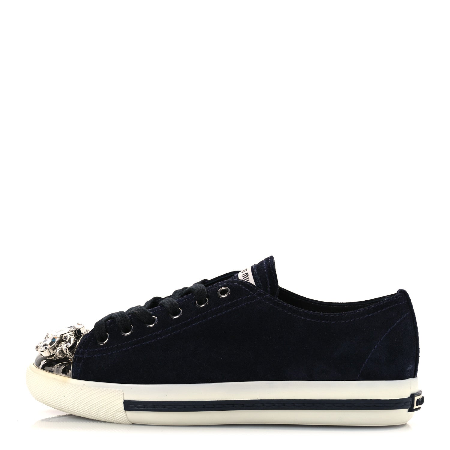 Miu Miu Camoscio Crystal Embellished Womens Low Top Sneakers 38 Navy 1 of 11