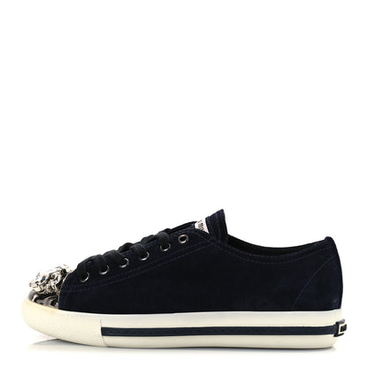 Miu Miu Camoscio Crystal Embellished Womens Low Top Sneakers 38 Navy 1 of 11