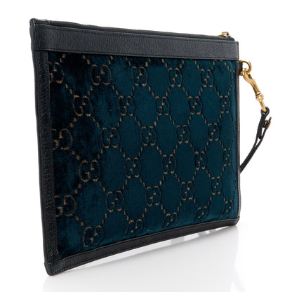 Gucci Velvet GG Monogram Textured Calfskin Web Ophidia Wristlet Blue Beige Black 3 of 12