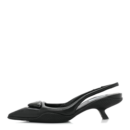 Prada Spazzolato Triangle Logo Pointed Toe 45mm Slingback Pumps 38 Black 1 of 9