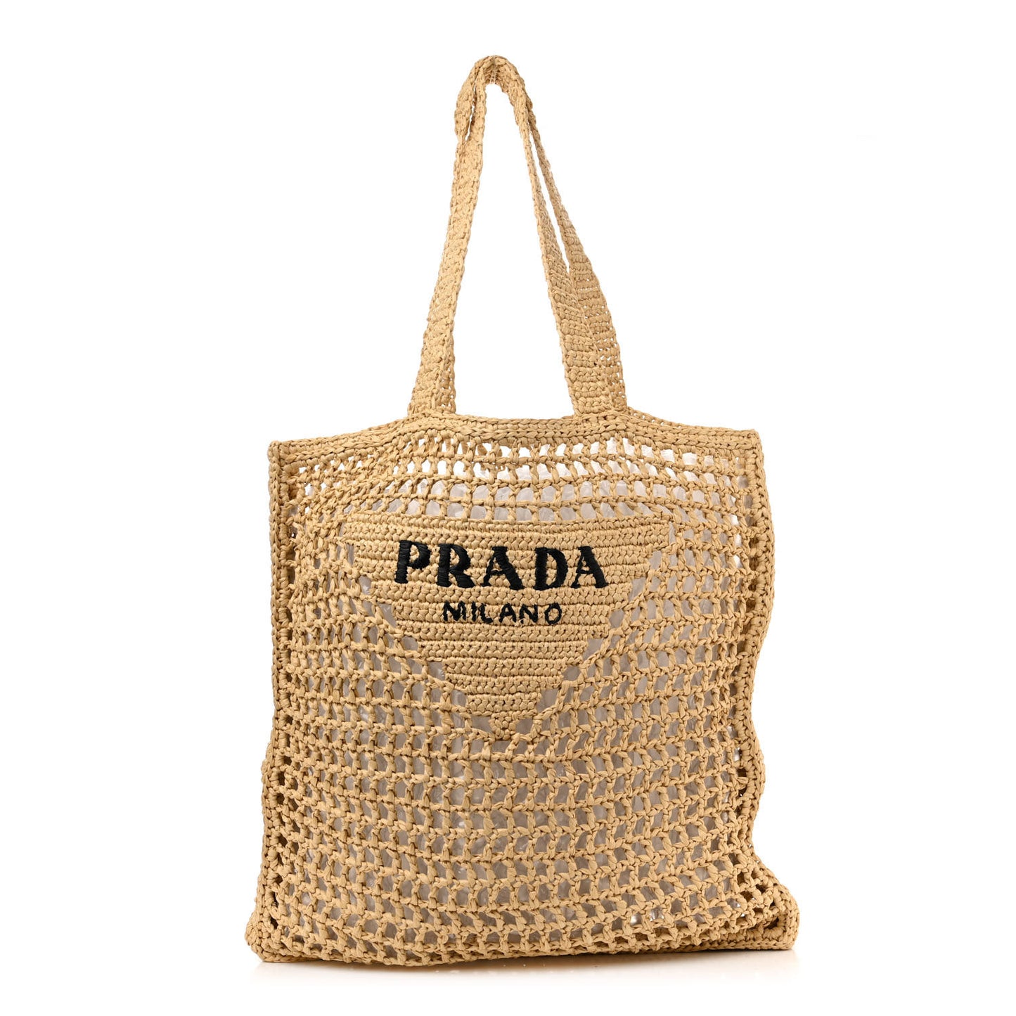 Yarn Raffia Effect Crochet Logo Embroidered Tote Bag Naturale