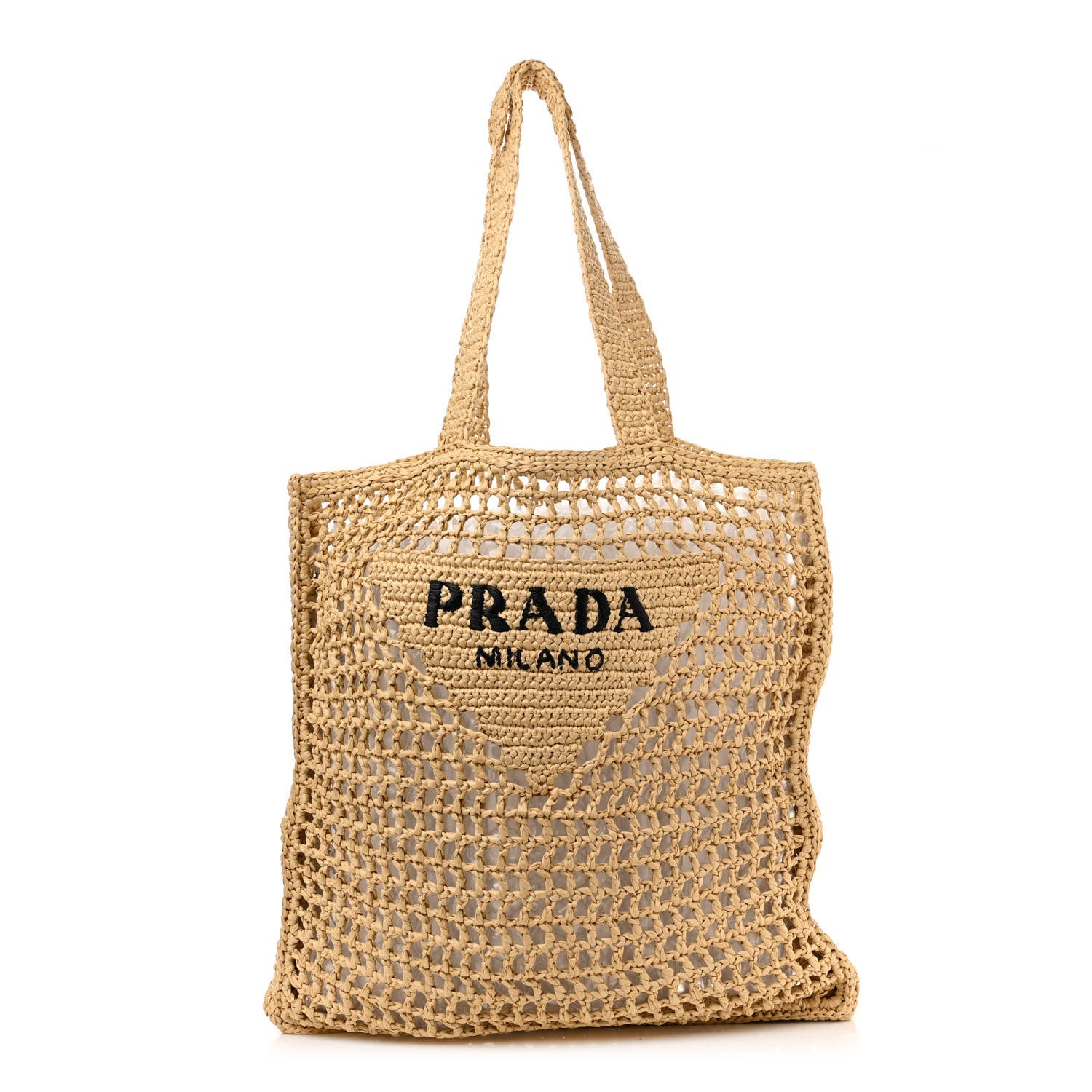 Prada Yarn Raffia Effect Crochet Logo Embroidered Tote Bag Naturale 1 of 9