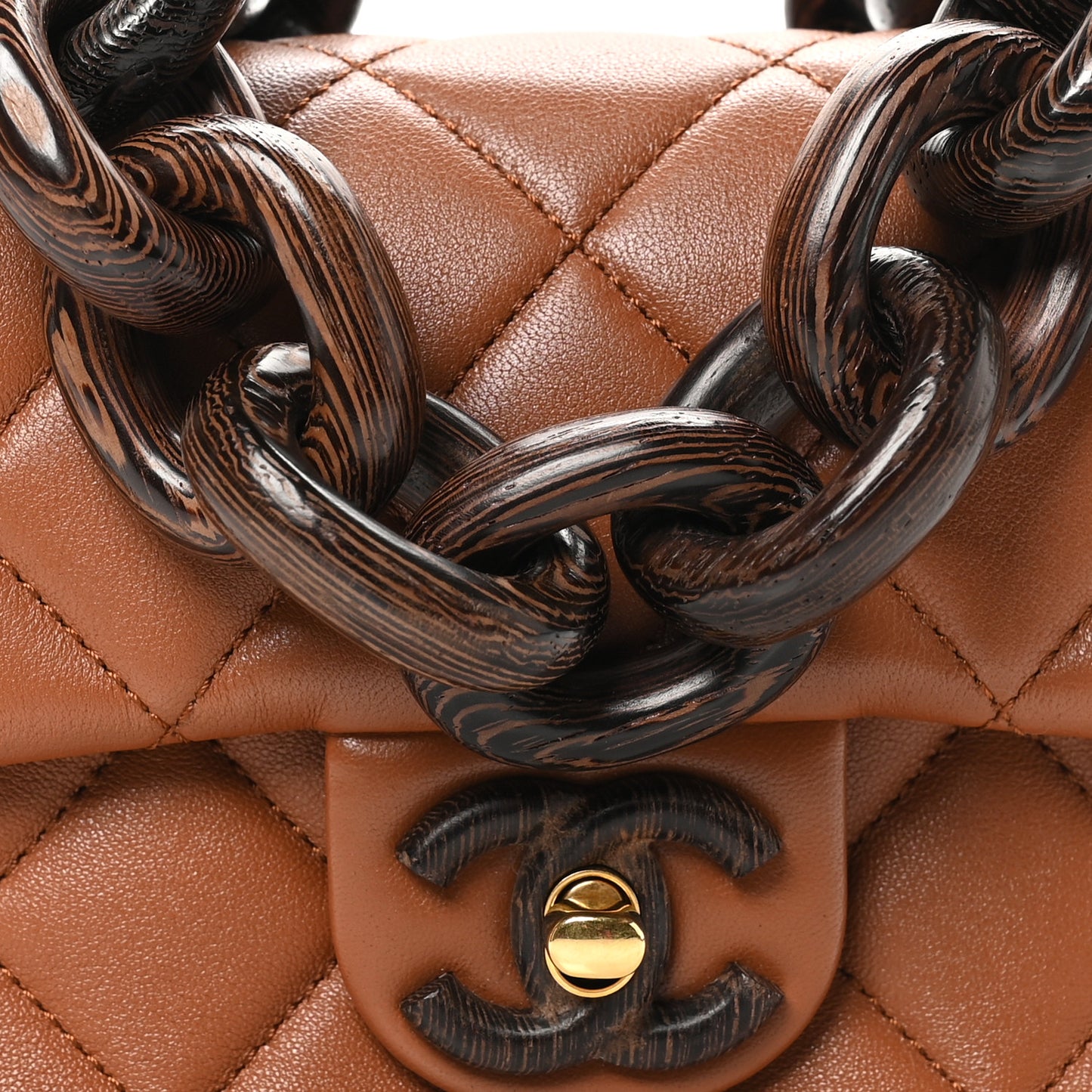 Lambskin Wenge Quilted Mini Fashion Wood Square Flap Light Brown