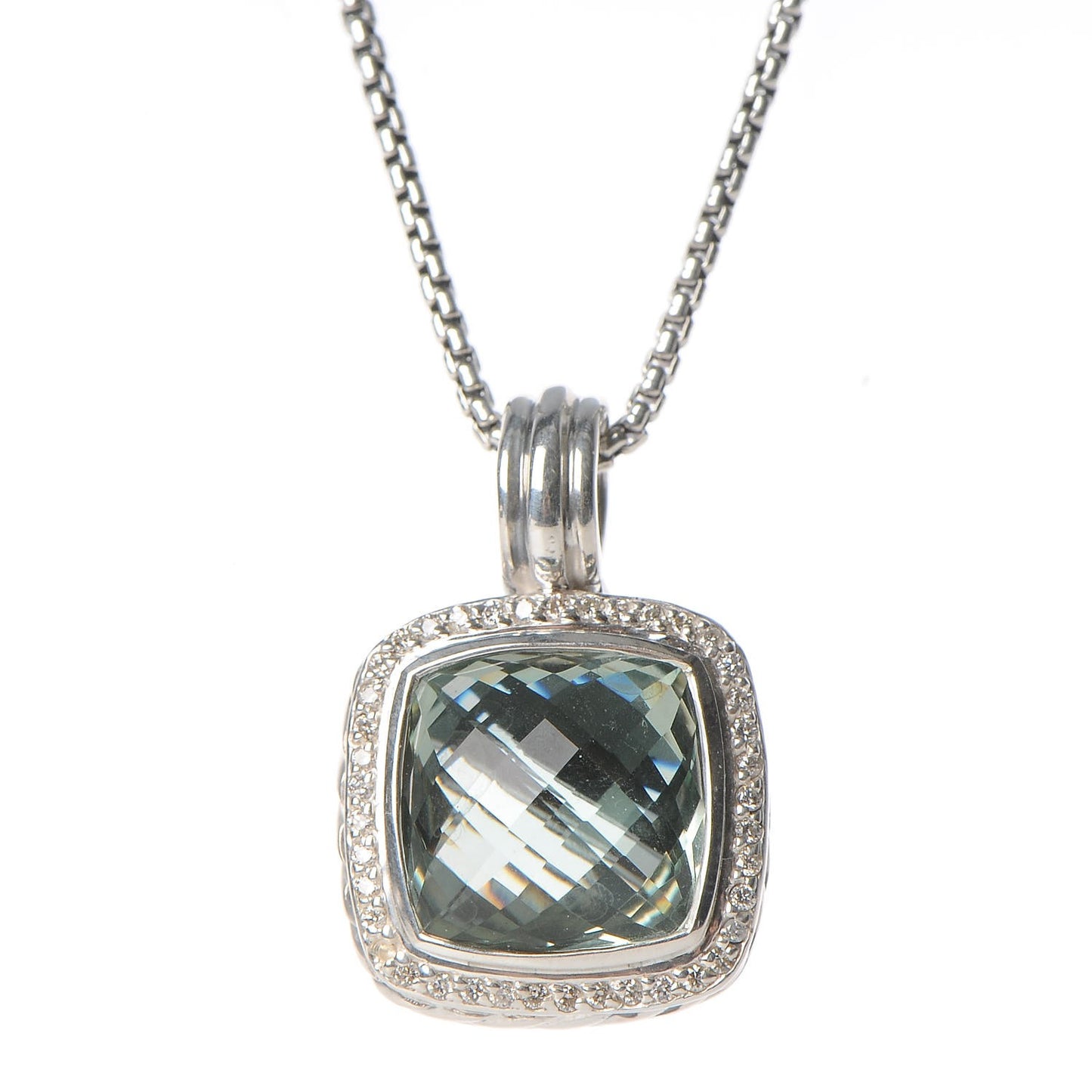 Sterling Silver Diamond Prasiolite 14mm Albion Pendant Necklace