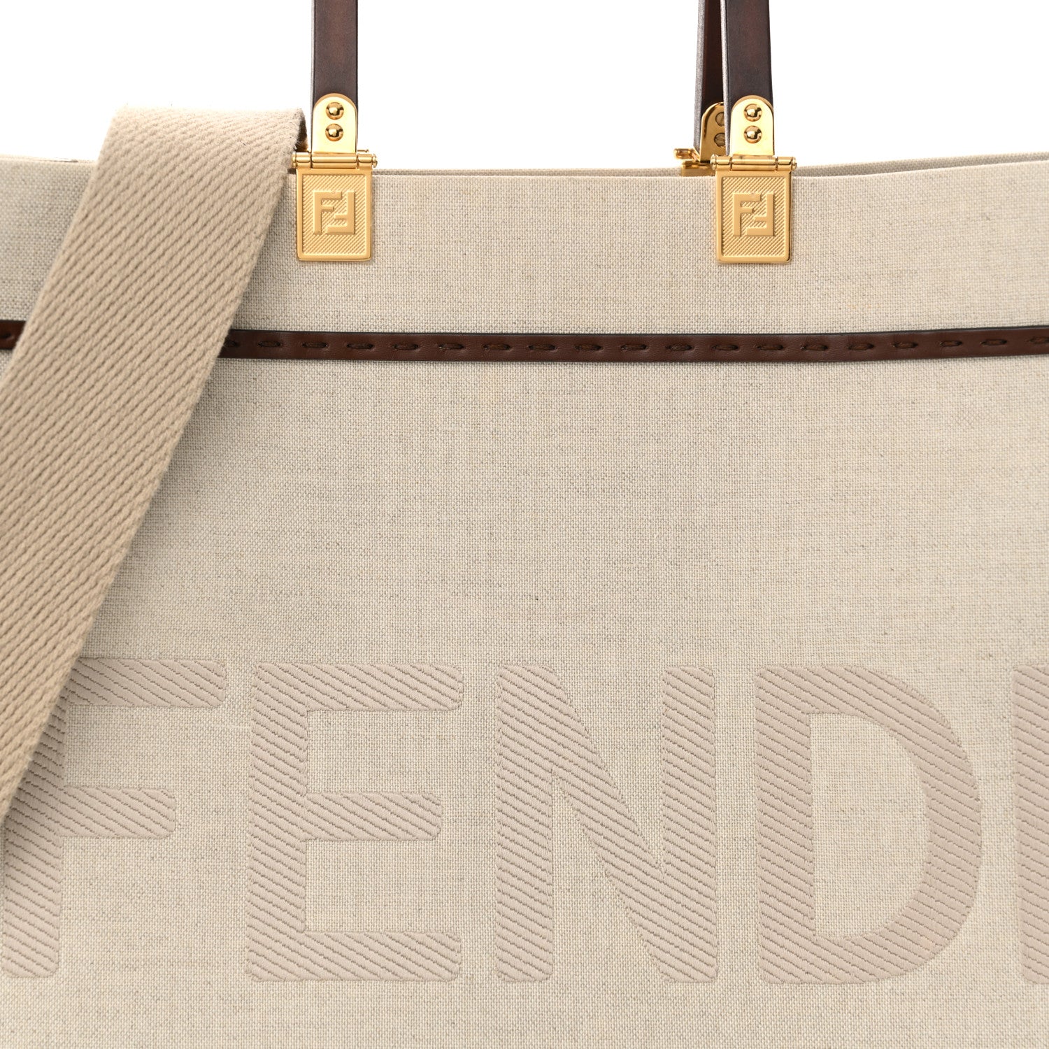 Fendi Canvas Vitello King Logo Embroidered Medium Fendi Sunshine Shopper Tote Grezzo Ghianda 7 of 18