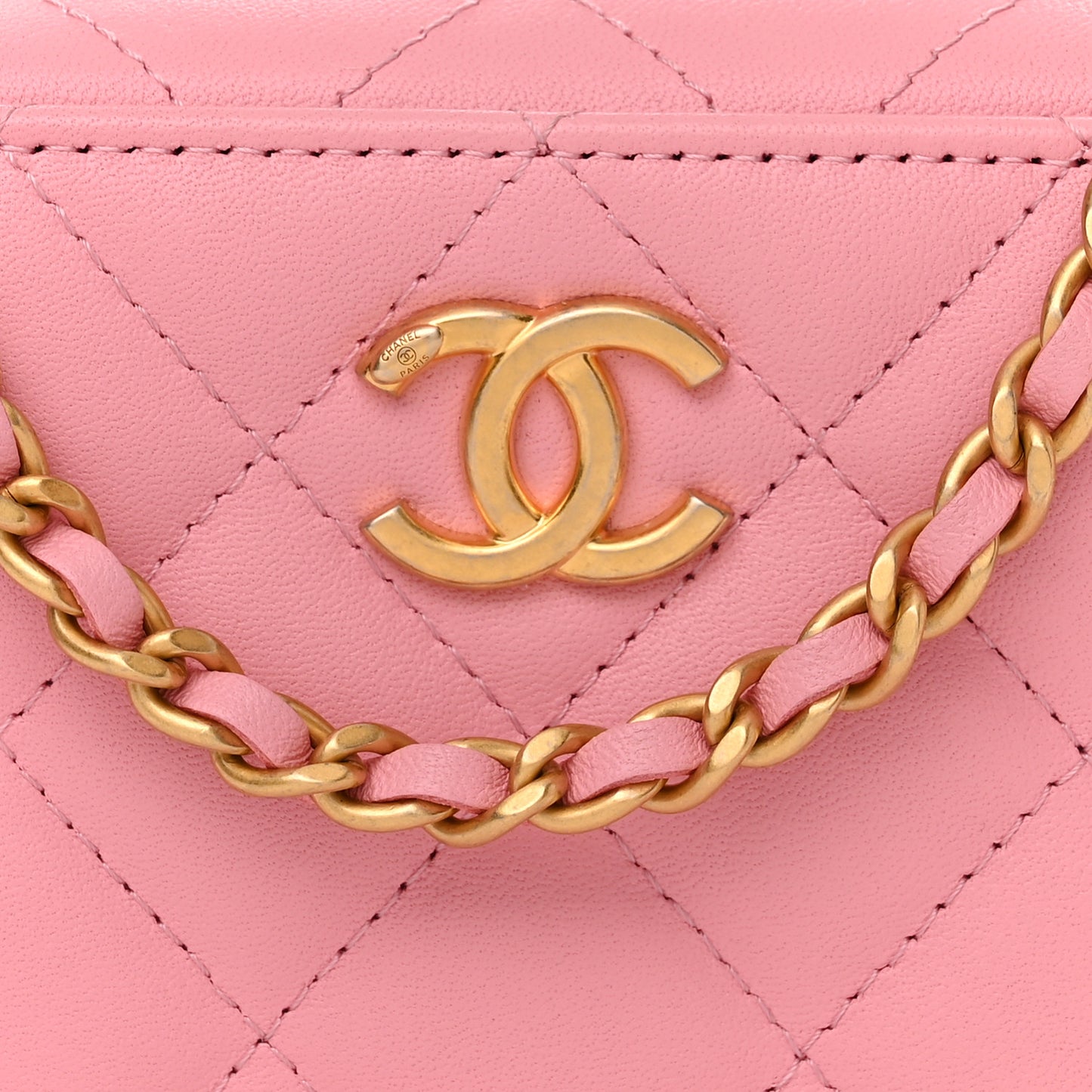 Lambskin Quilted Chain Top Handle Vanity Case Light Pink