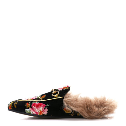 Gucci Velvet Fur Floral Womens Princetown Slippers 37.5 Black 1 of 9