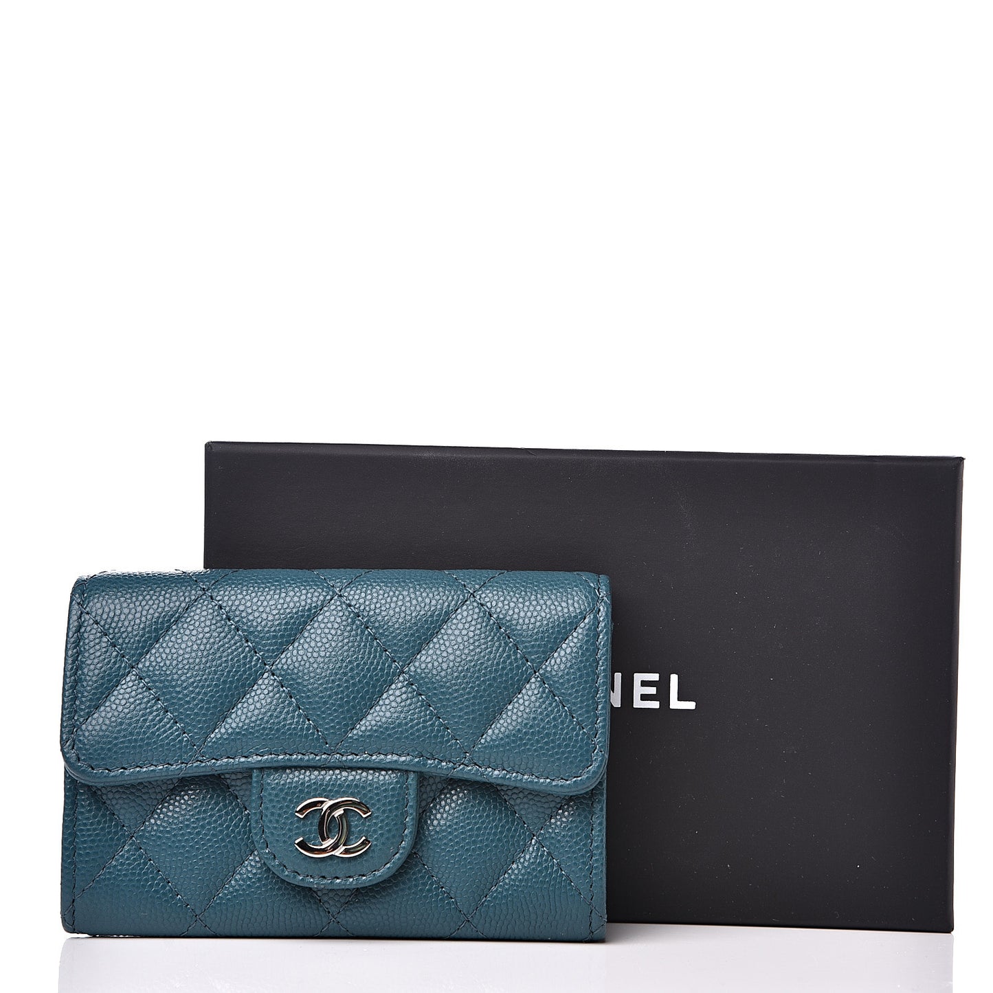 Caviar Quilted Flap Card Holder Wallet Dark Turquoise