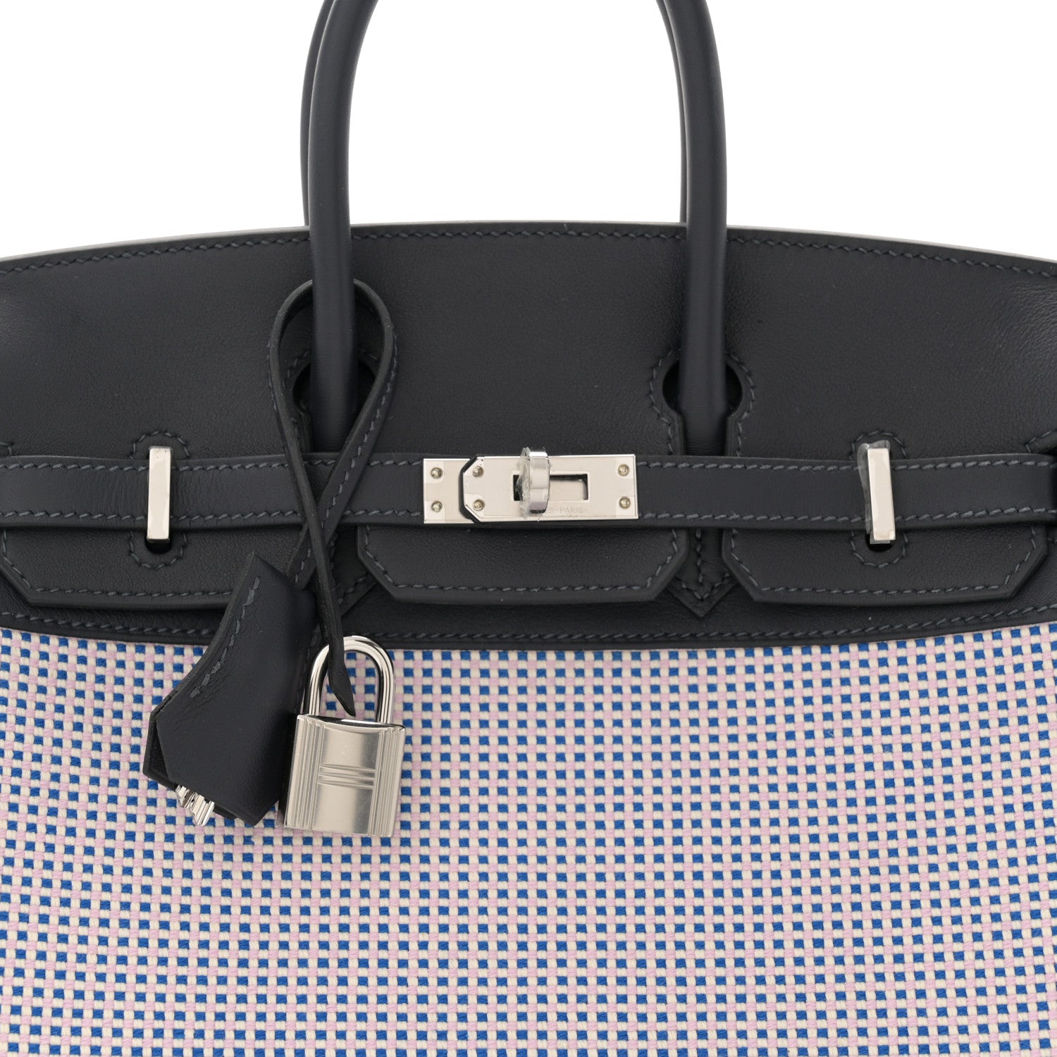 Hermes Toile Quadrille Swift Birkin 25 Caban Ecru Mauve Sylvestre Bleu Bill 8 of 11