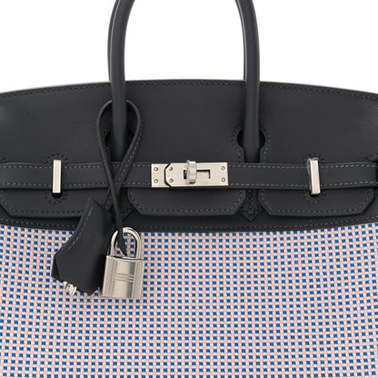 Hermes Toile Quadrille Swift Birkin 25 Caban Ecru Mauve Sylvestre Bleu Bill 8 of 11