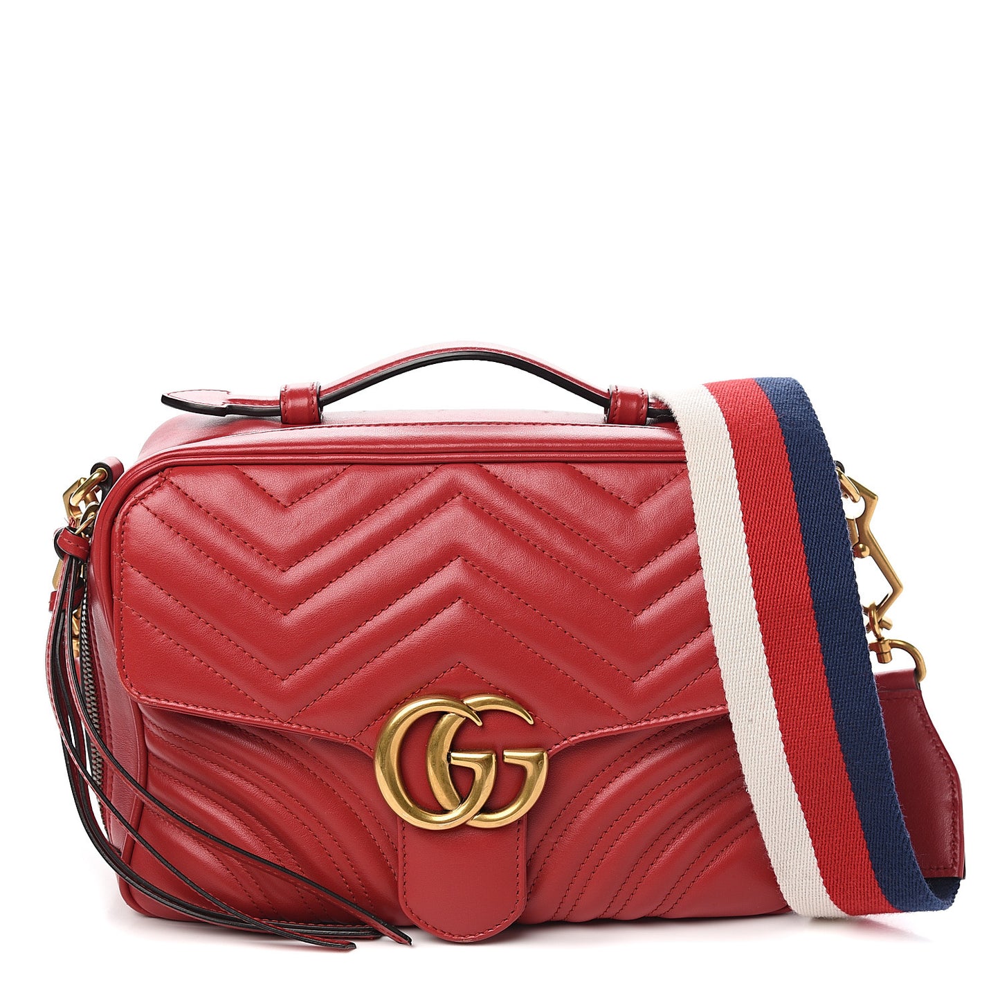 Calfskin Matelasse Sylvie Web Small GG Marmont Top Handle Shoulder Bag Hibiscus Red