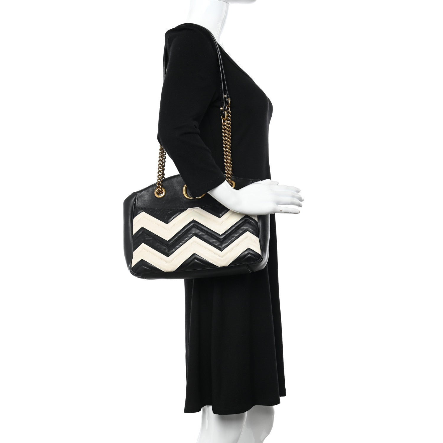 Gucci Calfskin Matelasse Medium GG Marmont Open Top Shoulder Bag Black White 2 of 13