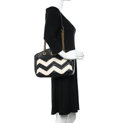 Gucci Calfskin Matelasse Medium GG Marmont Open Top Shoulder Bag Black White 2 of 13