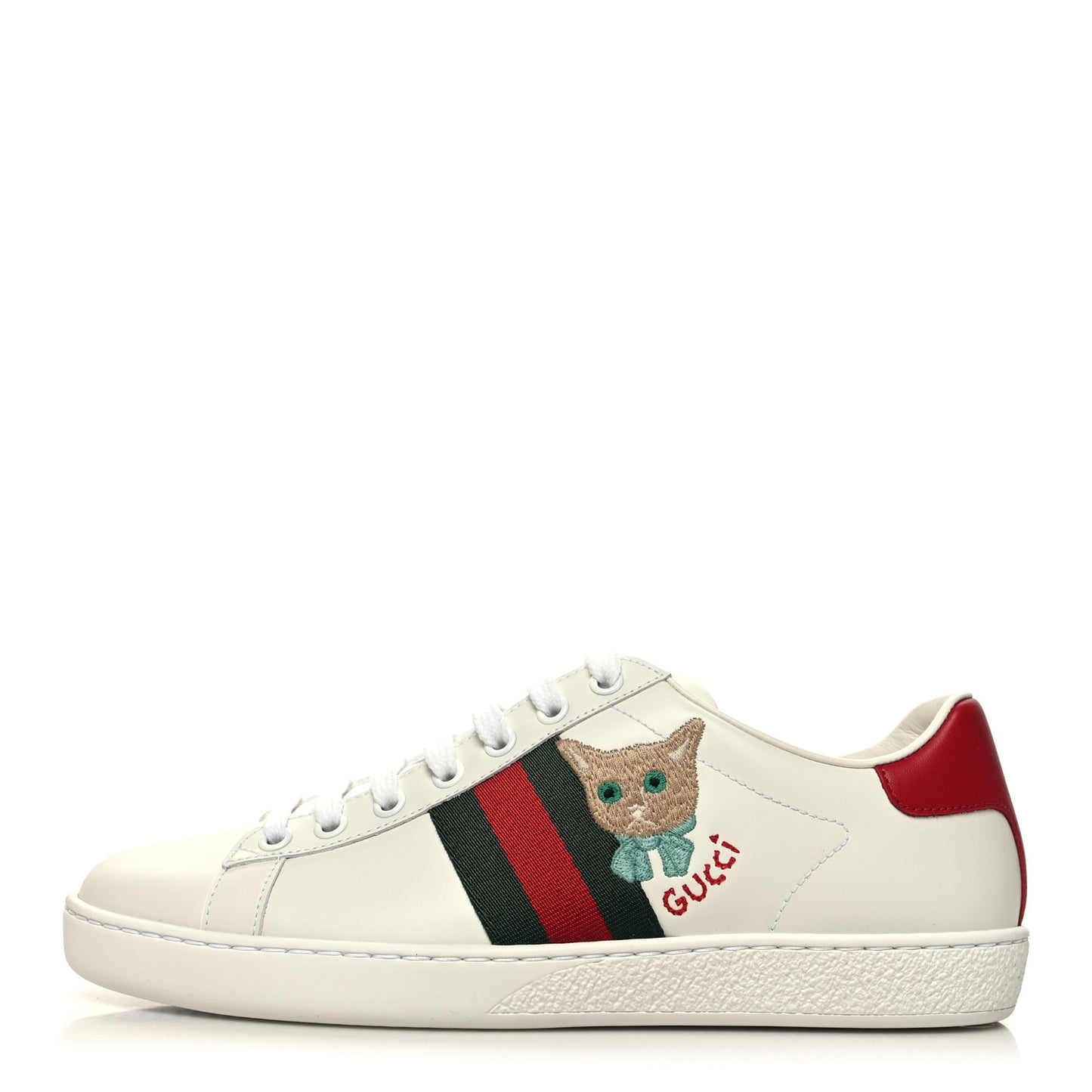 Calfskin Cat Embroidered Womens Ace Sneakers 38 White Green