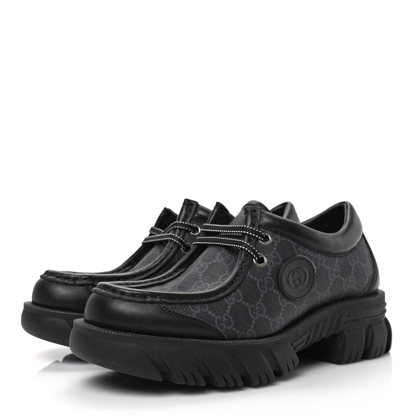 GG Supreme Monogram Quebec Calfskin Retro Interlocking G Mens Platform Derby Loafers 8.5 Black