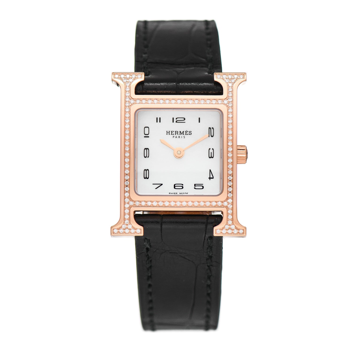 Hermes 18K Rose Gold Alligator Diamond Bezel Mother of Pearl 21mm Heure H Hour Quartz Watch Noir 1 of 5