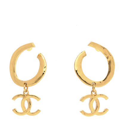 Chanel Metal Textured Hoop Drop CC Earrings Gold 1 of 5