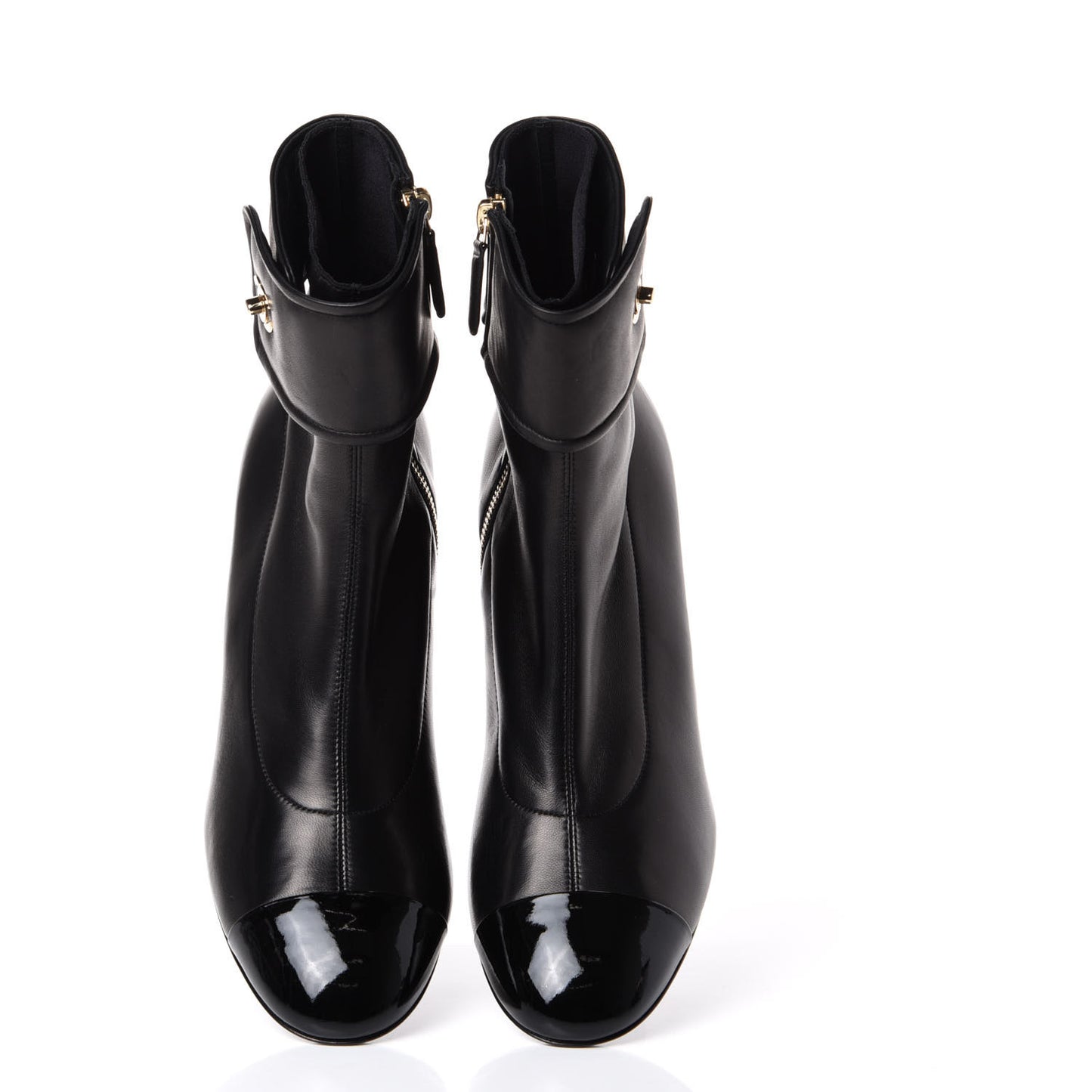 Lambskin Patent Cap Toe CC Turnlock Ankle Boots 40 Black