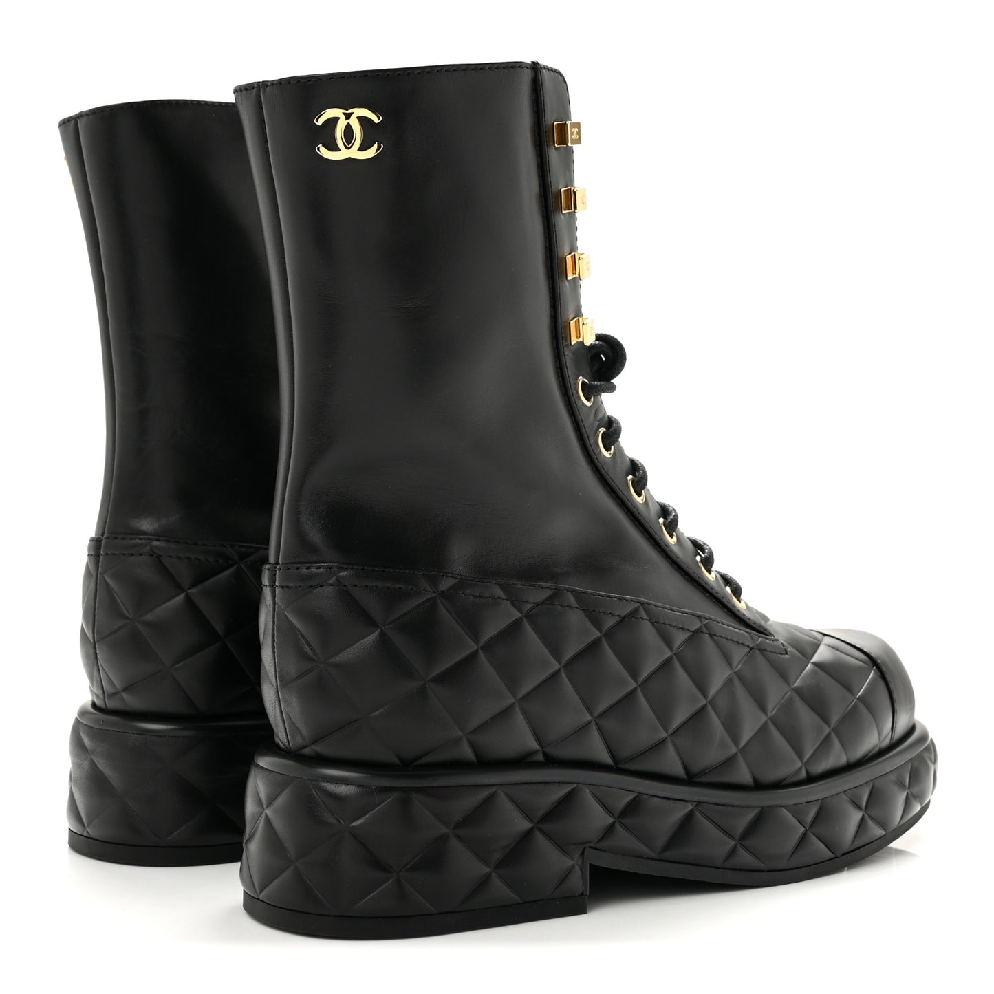 Calfskin Quilted Lace Up Combat Boots 38 Black