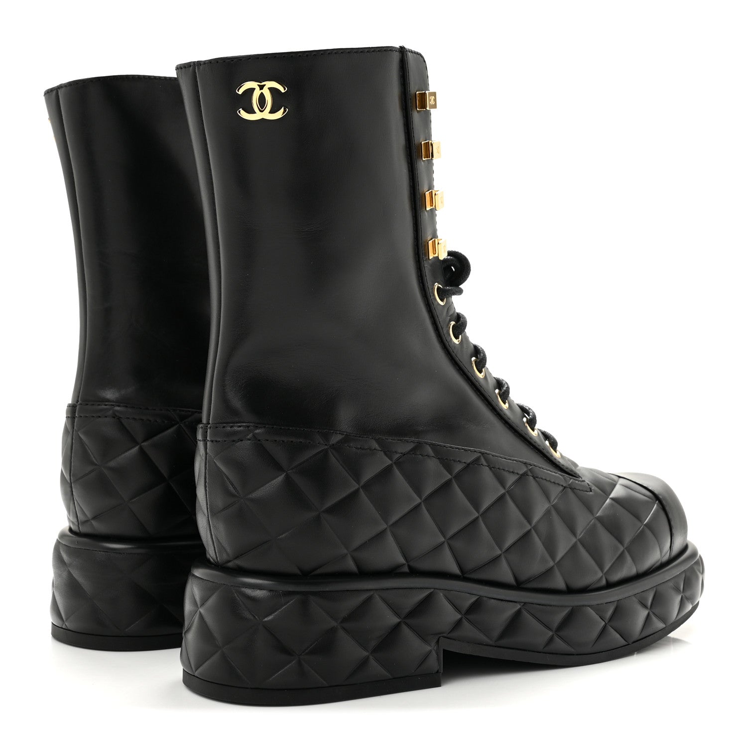 Chanel Calfskin Quilted Lace Up Combat Boots 38 Black 5 of 10