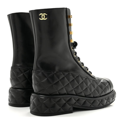 Chanel Calfskin Quilted Lace Up Combat Boots 38 Black 5 of 10