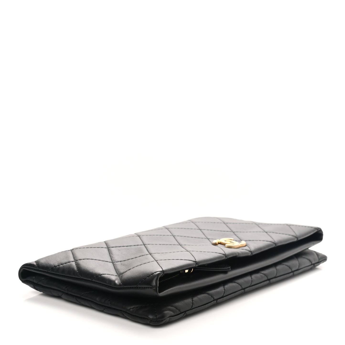 Lambskin Quilted Fold Over Clutch Black