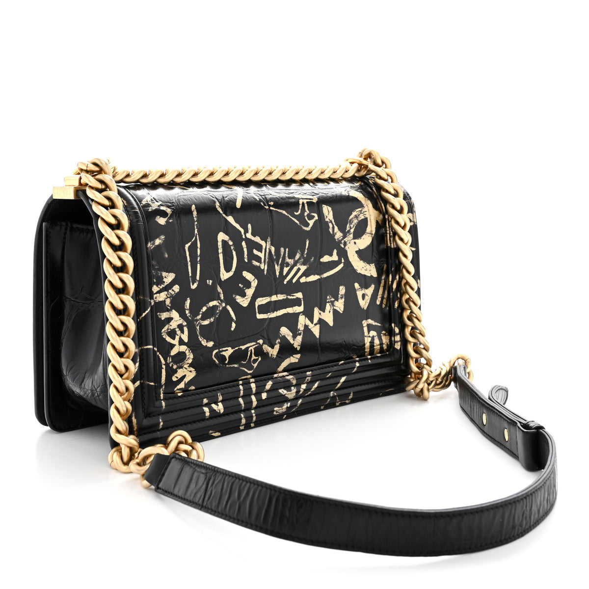 Calfskin Crocodile Embossed Graffiti Cocodile Medium Boy Flap Black