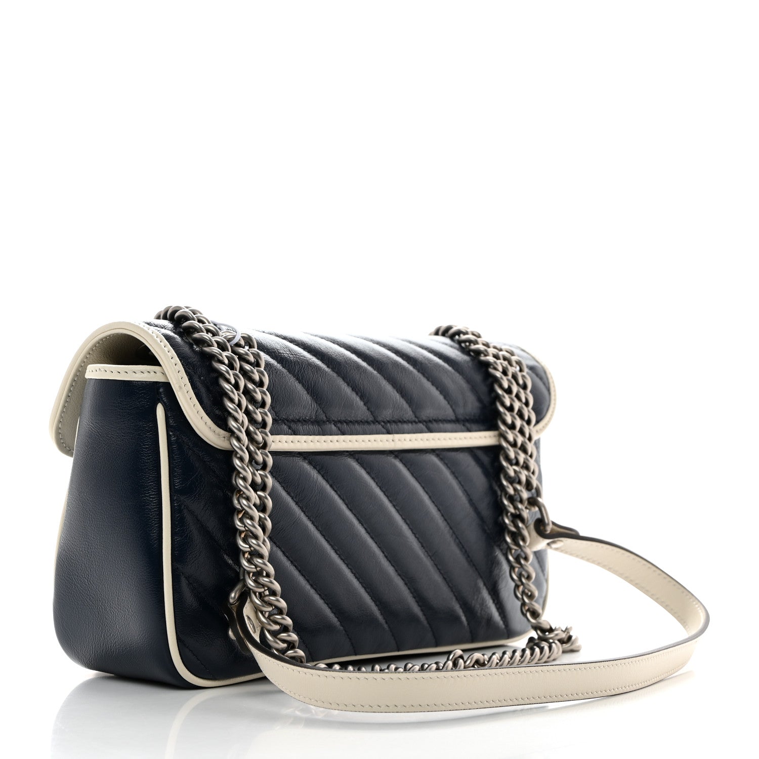 Gucci Vintage Effect Calfskin Matelasse Diagonal Small Torchon GG Marmont Shoulder Bag Blue Agata Mystic White 3 of 10