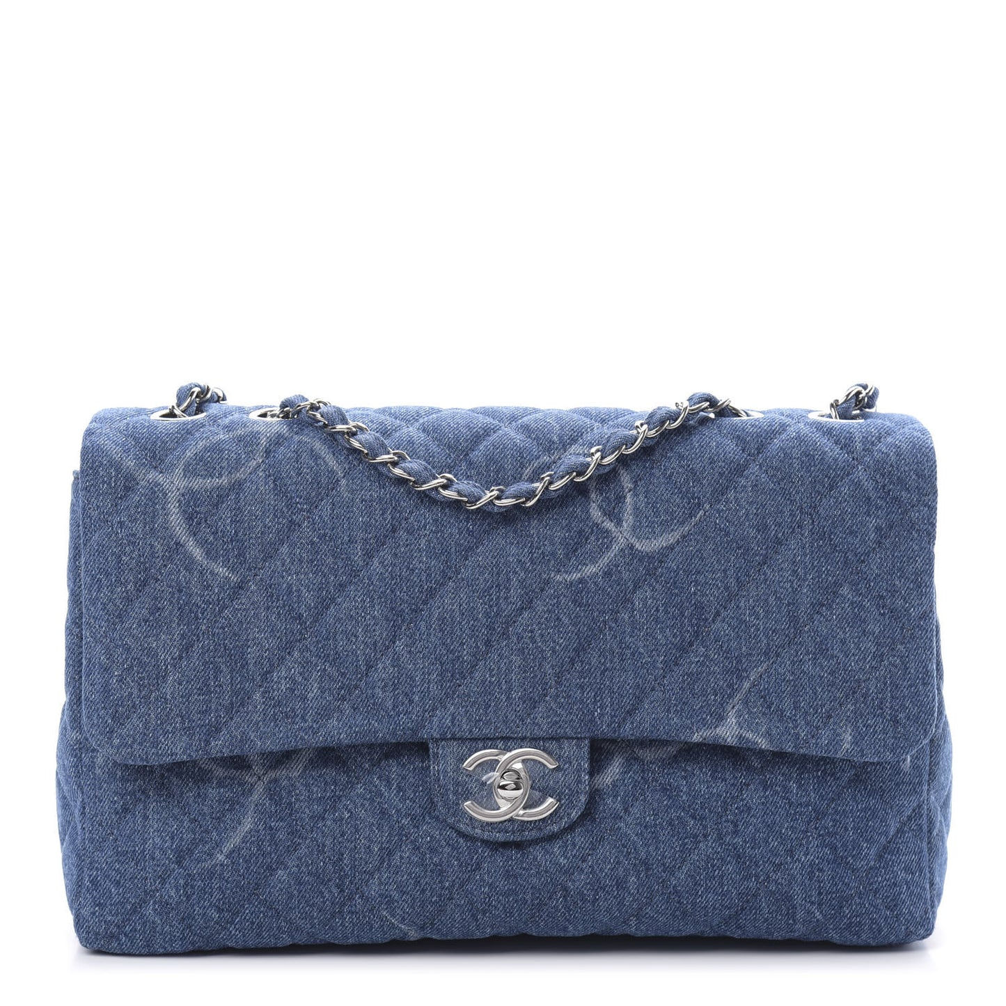 Denim Quilted CC Print Jumbo Single Flap Blue