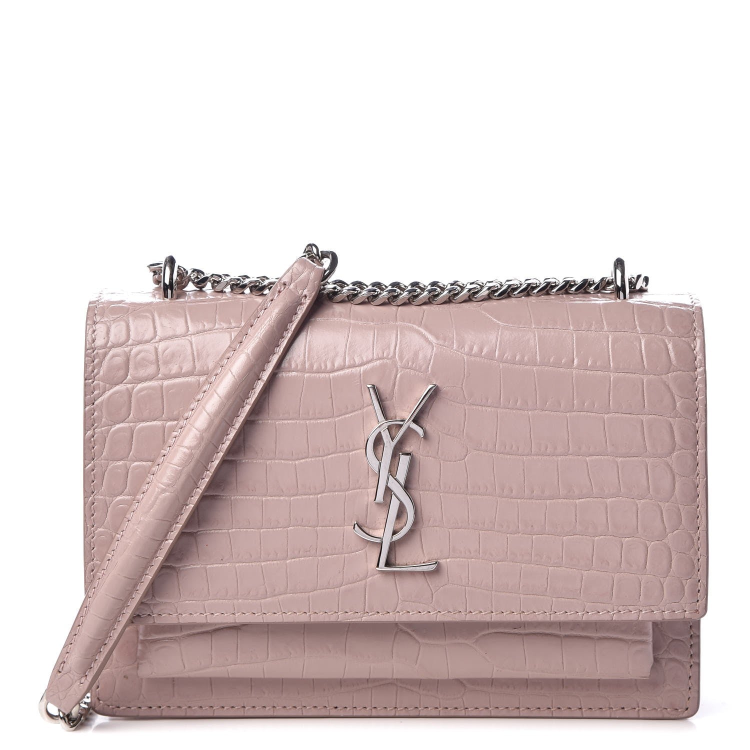 Saint Laurent Calfskin Crocodile Embossed Monogram Sunset Chain Wallet Soft Nude 1 of 7