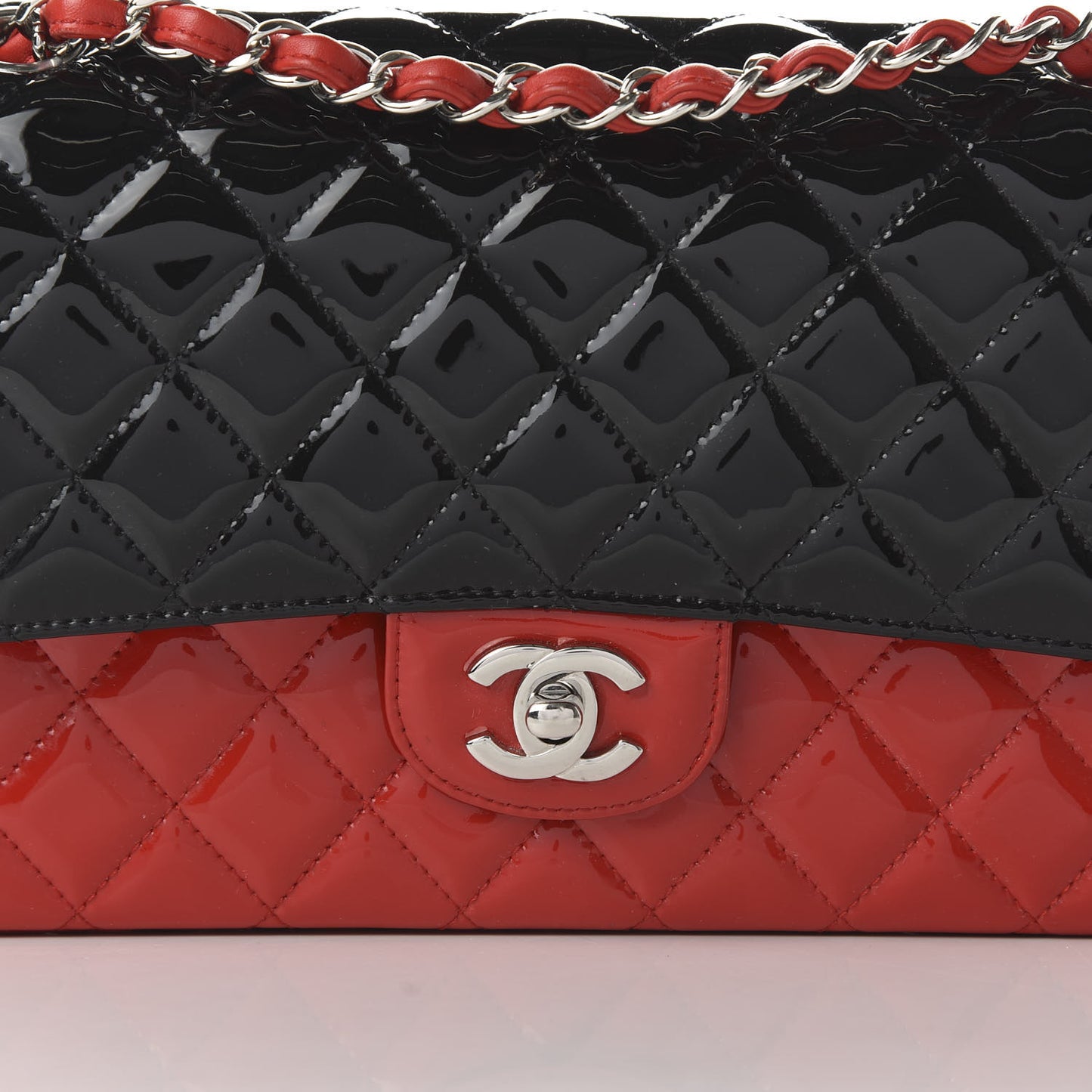 Patent Calfskin Quilted Bi-Color Medium Double Flap Black Red