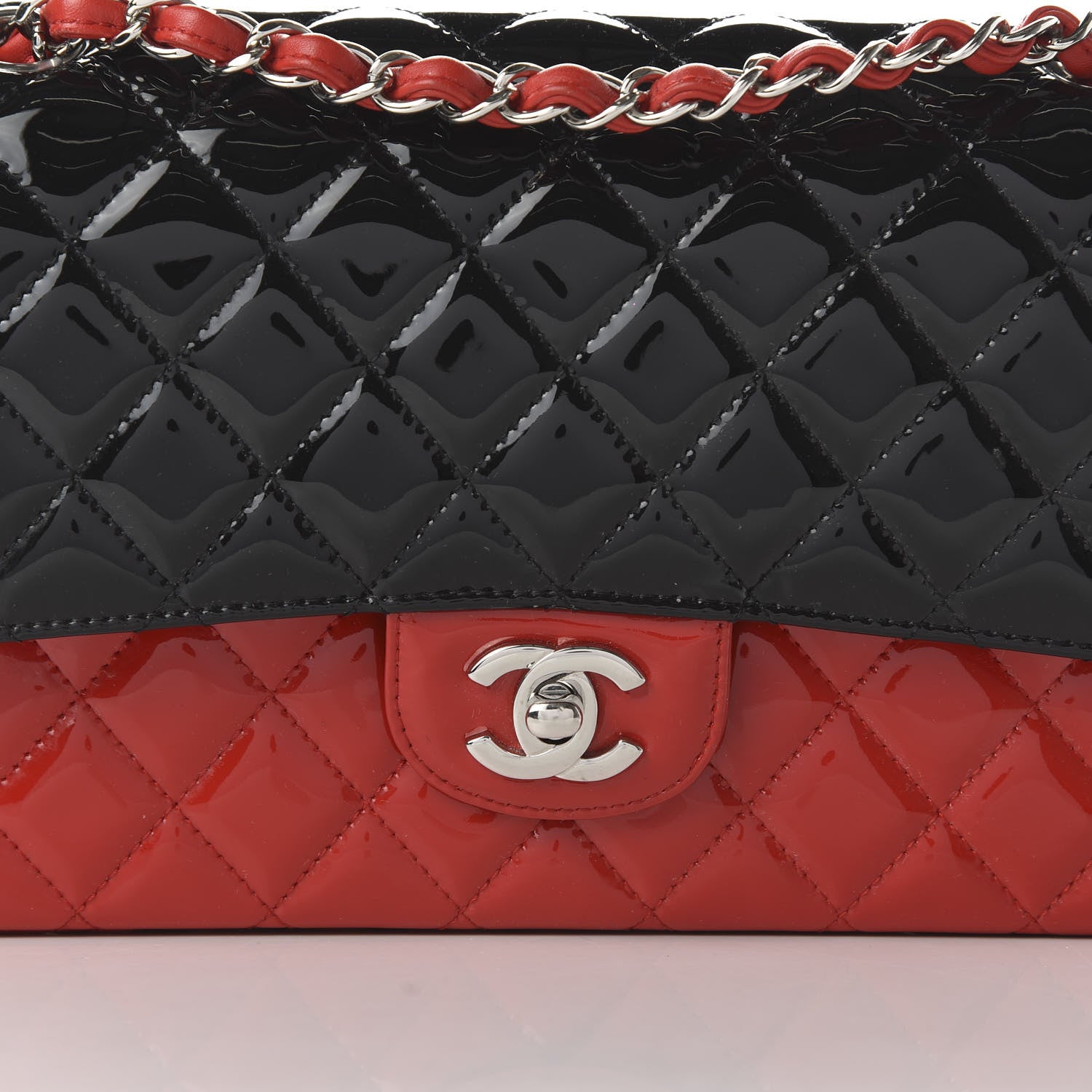 Chanel Patent Calfskin Quilted Bi-Color Medium Double Flap Black Red 11 of 12