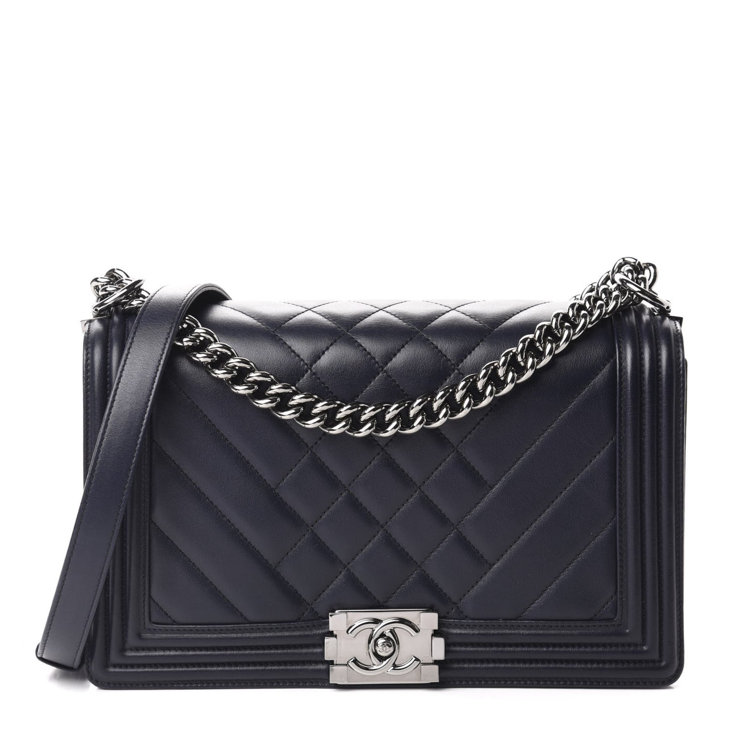 Calfskin Chevron Quilted Medium Boy Flap Navy Blue