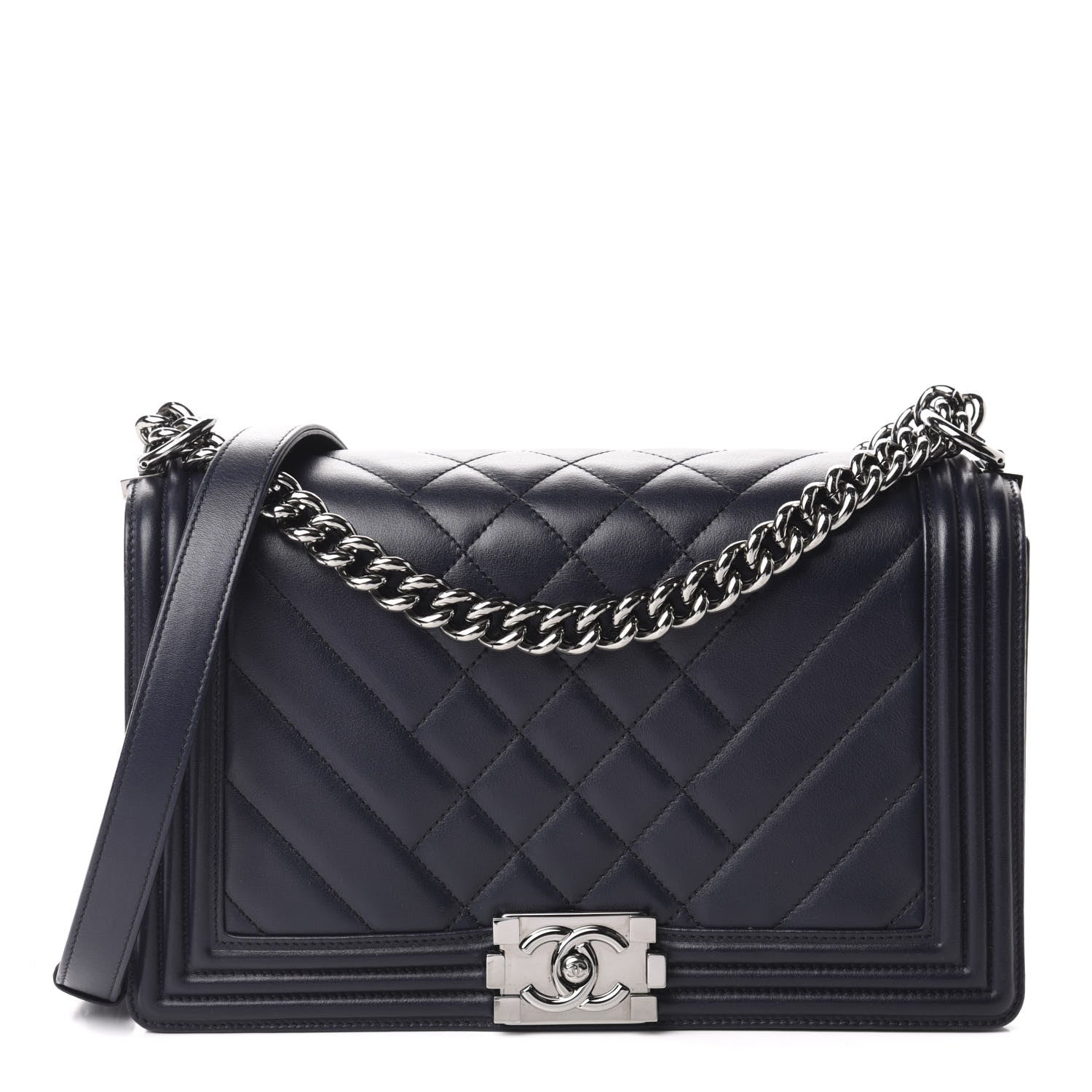 Chanel Calfskin Chevron Quilted Medium Boy Flap Navy Blue 1 of 16
