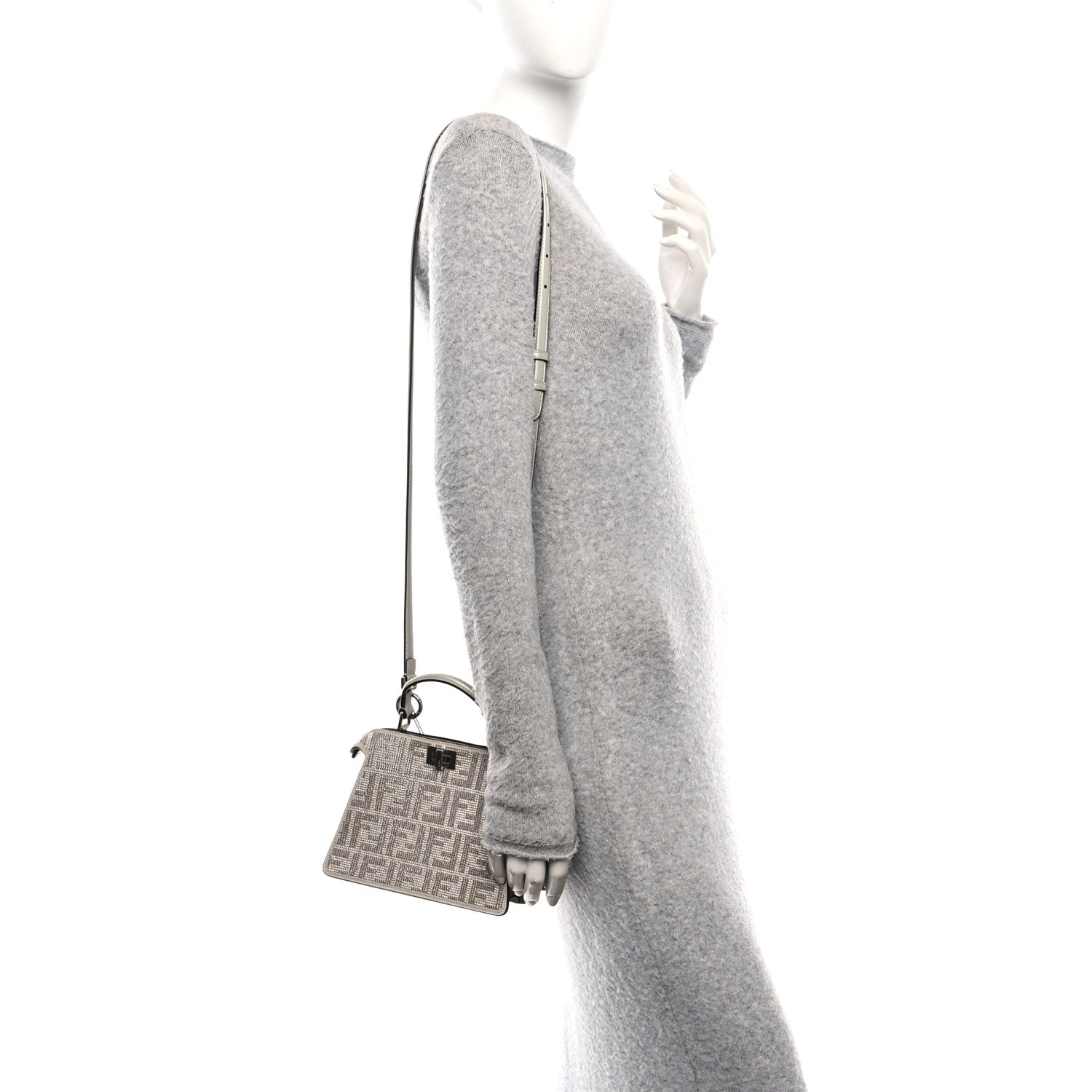Fendi Iridescent Crystal Vitello Laminato Suede FF Petite Peekaboo I SEE U Satchel Cappuccino 2 of 11