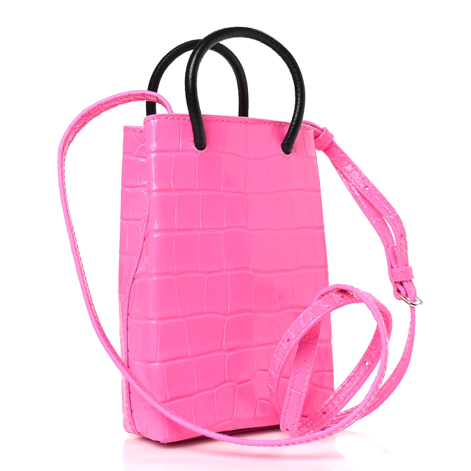 Balenciaga Shiny Calfskin Crocodile Embossed Logo Shopping Phone Holder Bag Pink Black 3 of 8