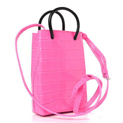 Balenciaga Shiny Calfskin Crocodile Embossed Logo Shopping Phone Holder Bag Pink Black 3 of 8