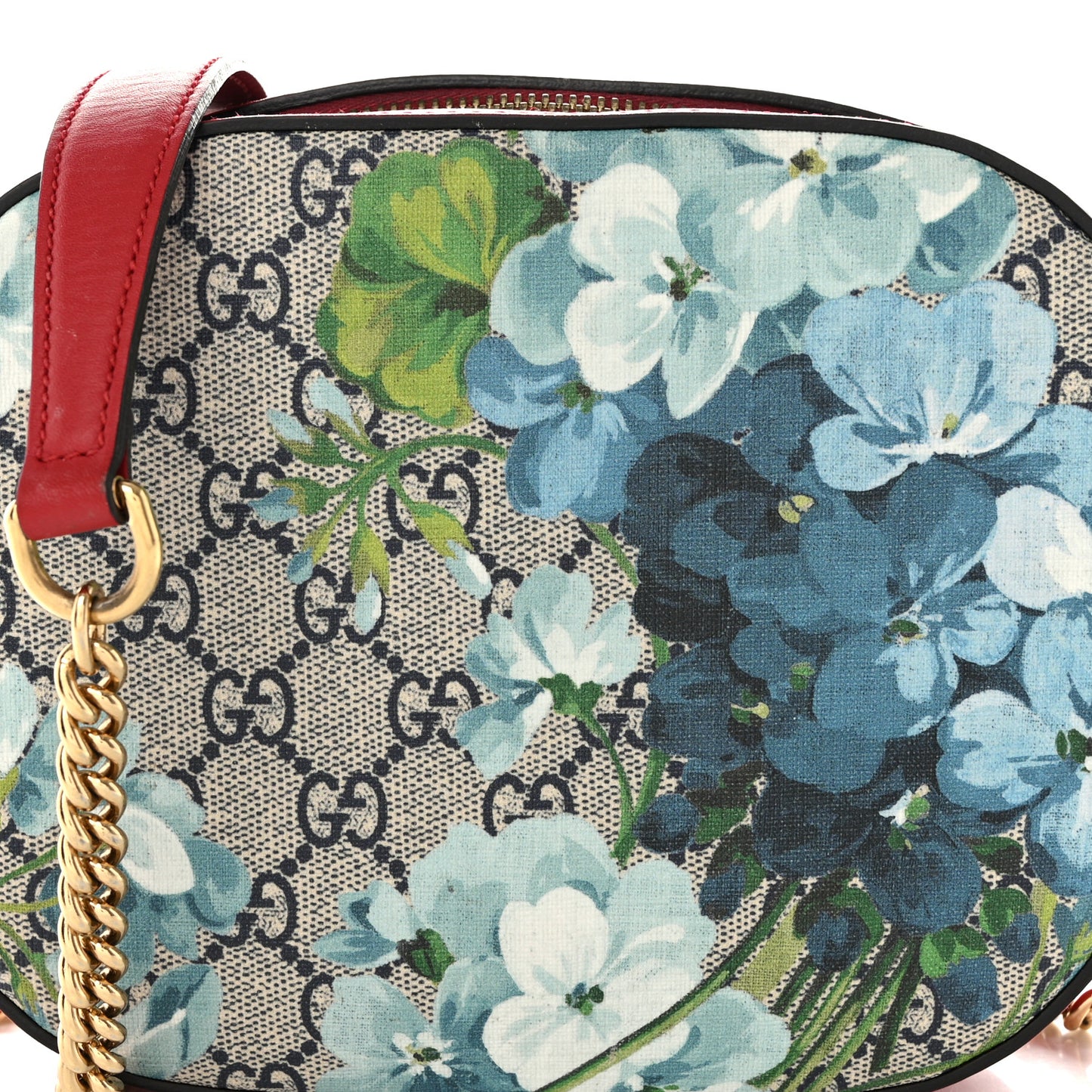 GG Supreme Monogram Blooms Mini Chain Shoulder Bag Beige Blue Navy Hibiscus Red