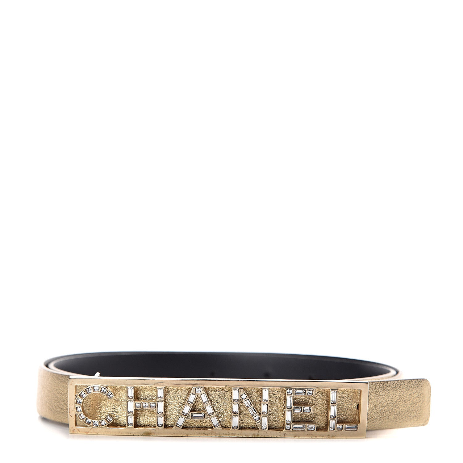 Chanel Metallic Lambskin Crystal Baguette Logo Belt 85 34 Gold 1 of 5