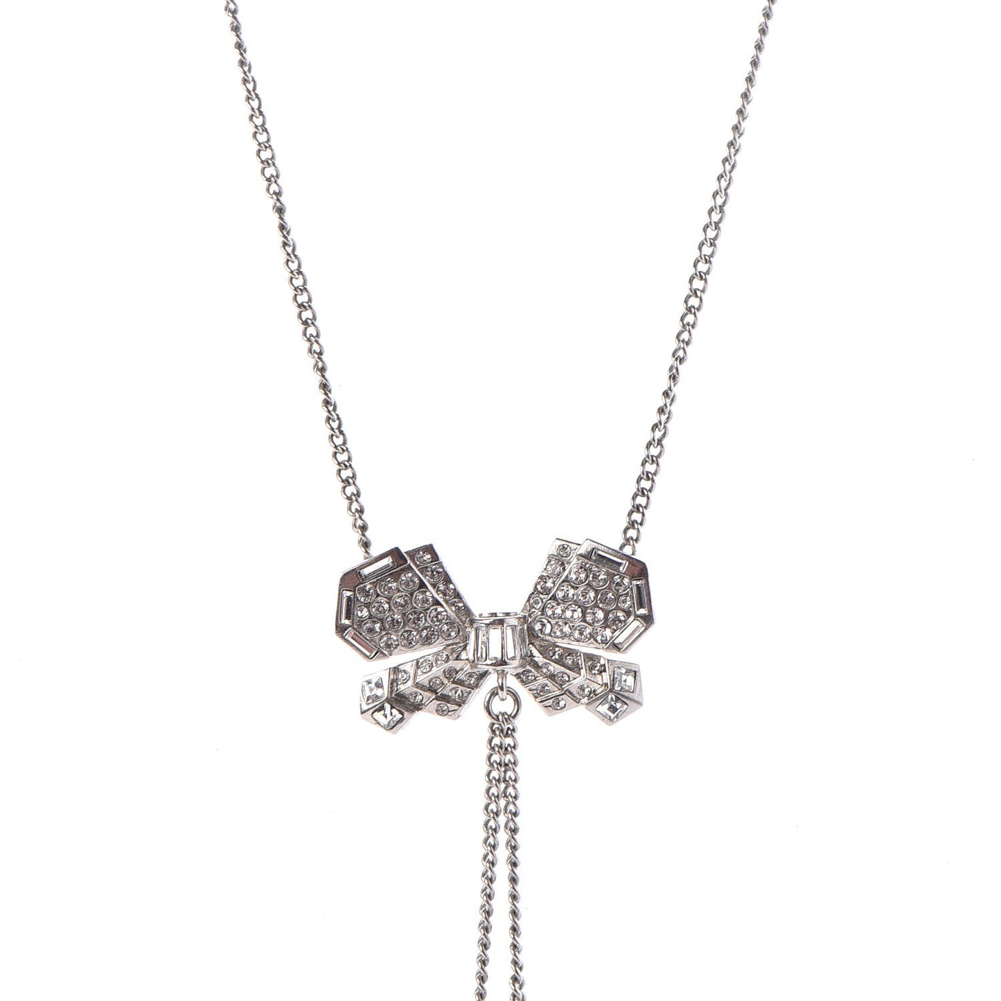 Crystal CC Bow Drop Necklace Silver