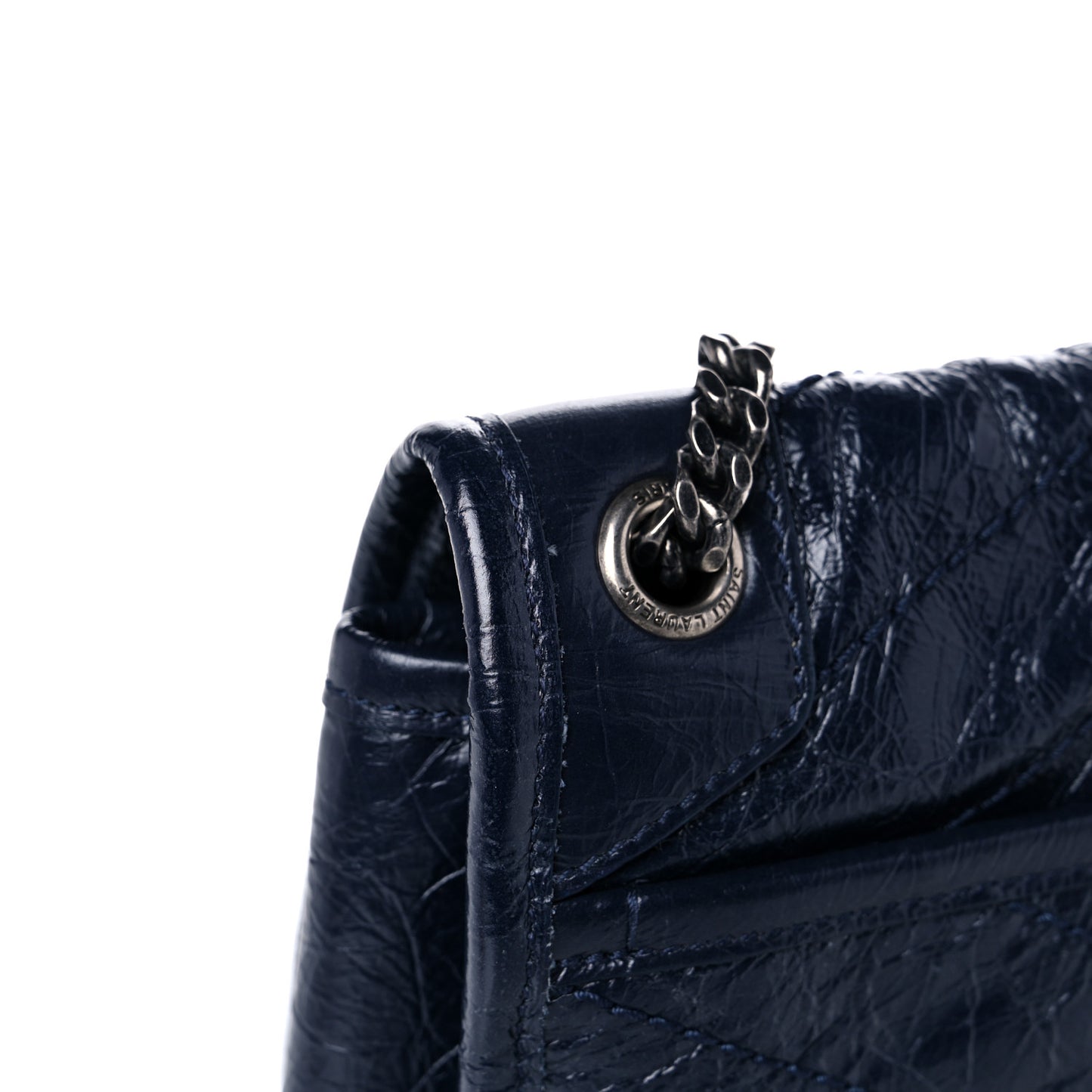 Crinkled Calfskin Matelasse Monogram Baby Niki Chain Satchel Navy