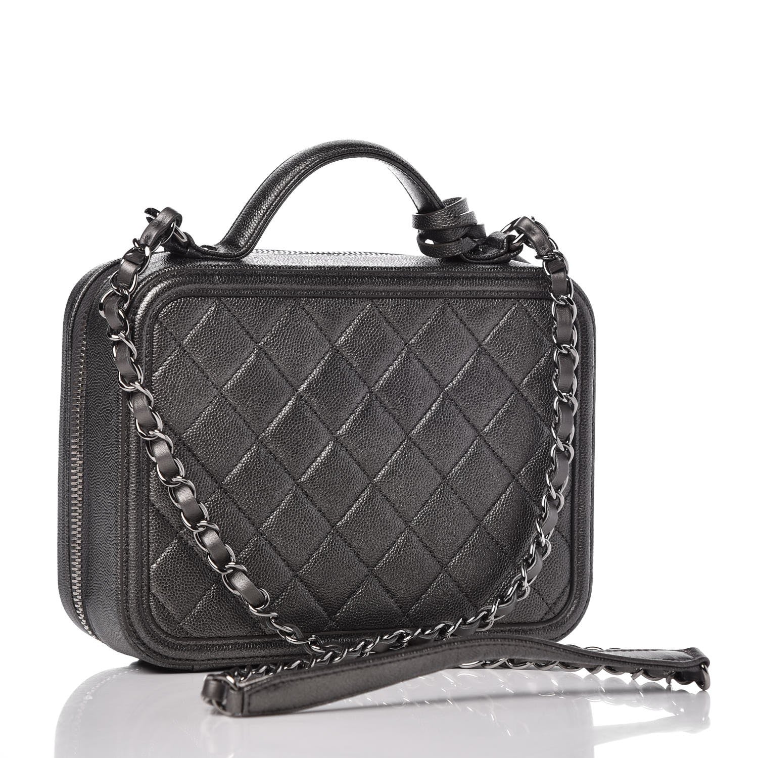 Chanel Metallic Caviar Quilted Medium CC Filigree Vanity Case Dark Silver 2 of 9