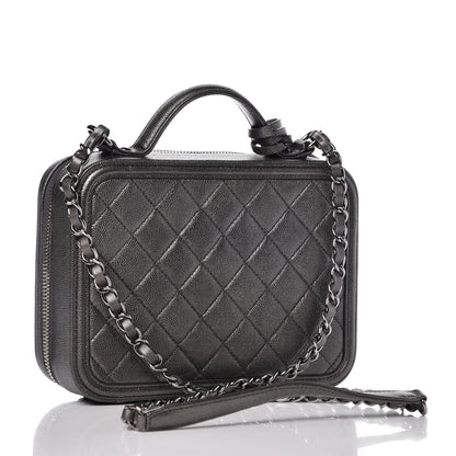 Chanel Metallic Caviar Quilted Medium CC Filigree Vanity Case Dark Silver 2 of 9