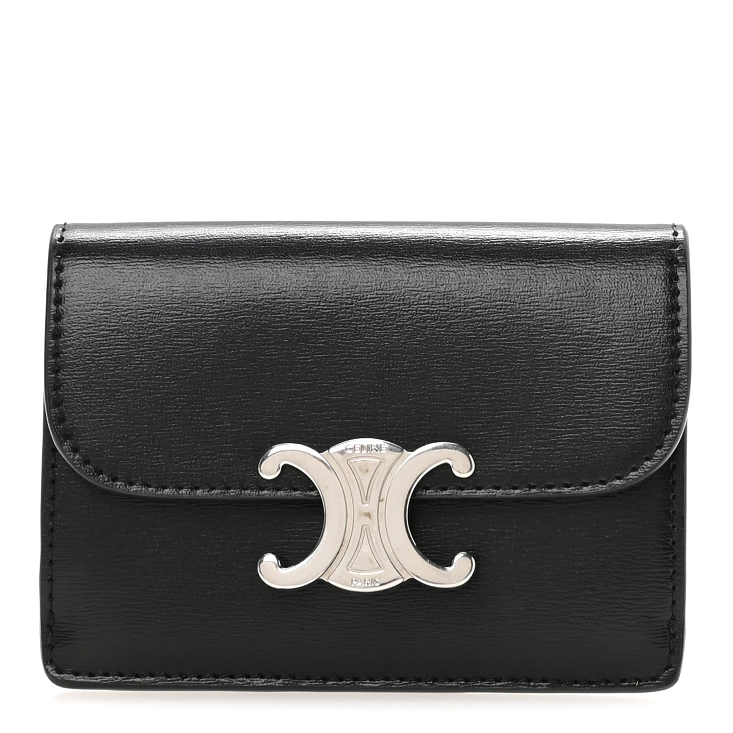 Celine Shiny Calfskin Triomphe Flap Card Holder Black 1 of 8