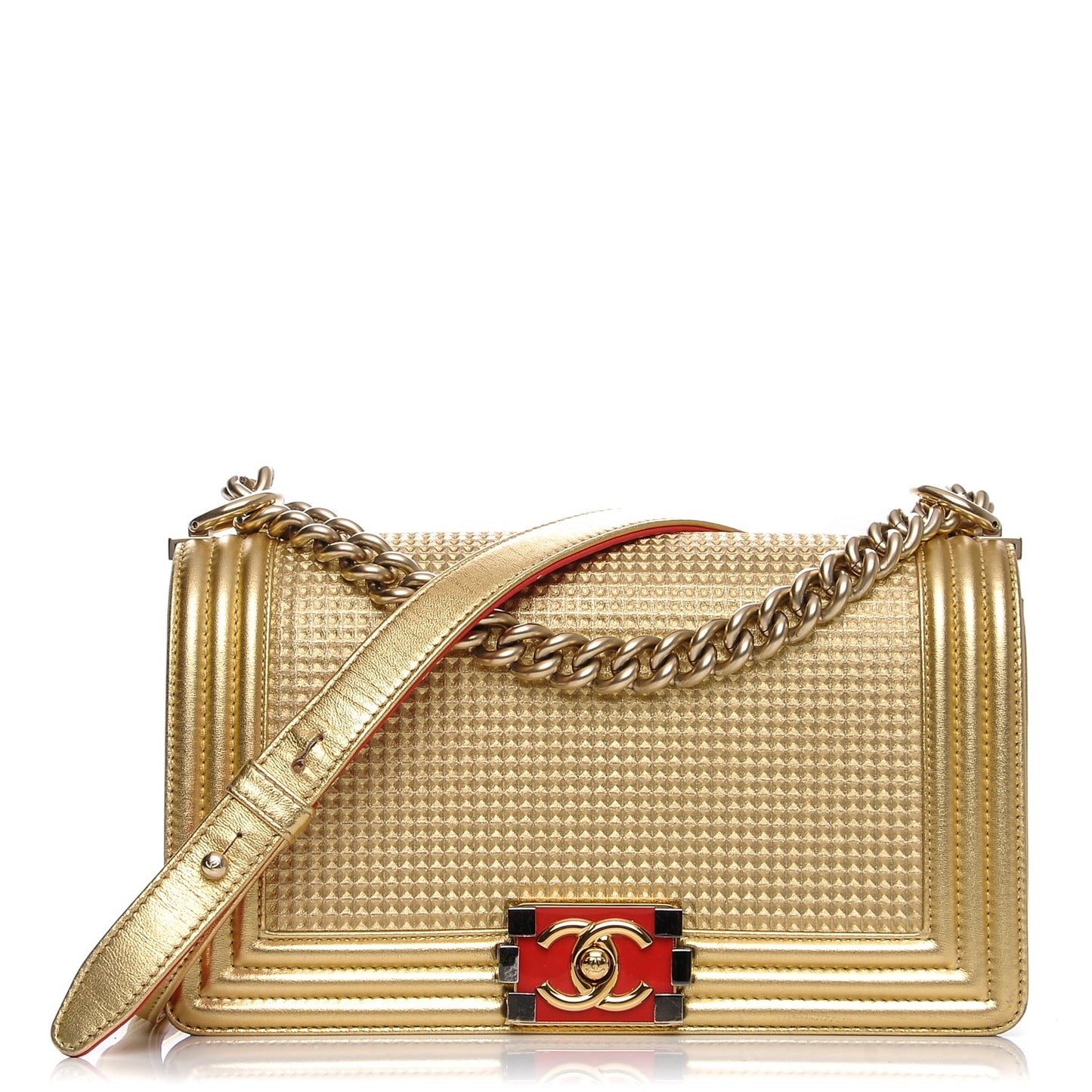 Metallic Lambskin Embossed Medium Cube Boy Flap Gold