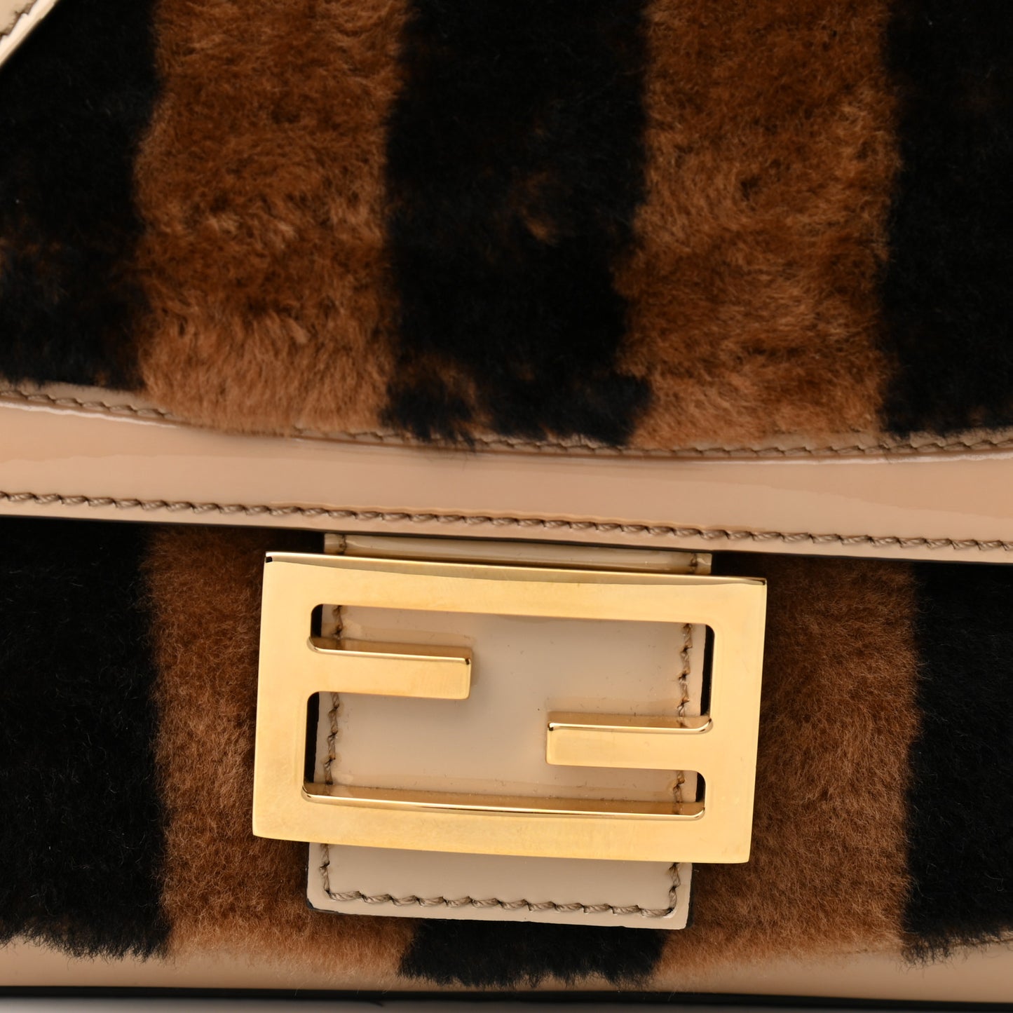 Shearling Vitello Vernice Mou Pequin Striped Baguette Tobacco Black Tortora