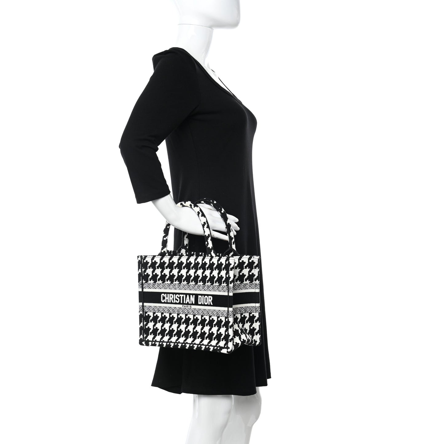 Canvas Houndstooth Embroidered Small Book Tote Black White