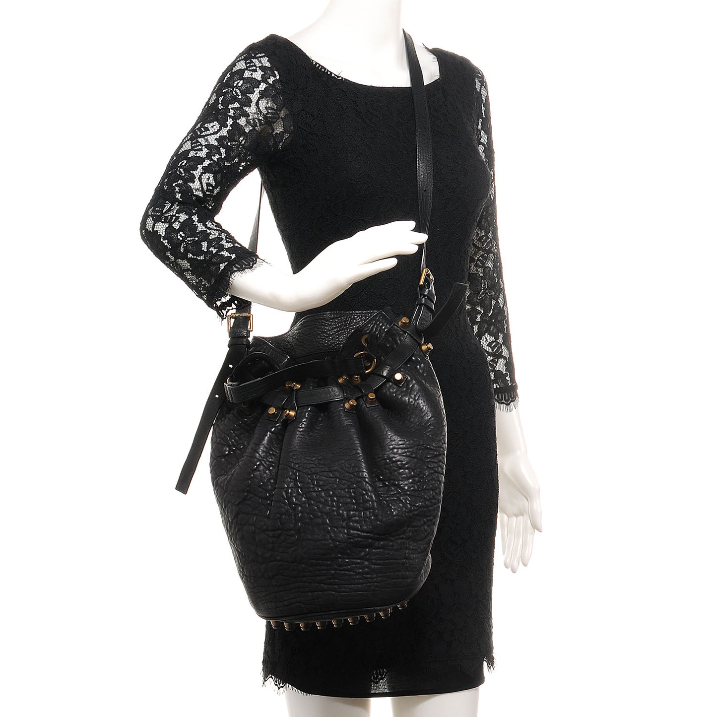 Leather Diego Bucket Bag w Antique Brass Hardware Black
