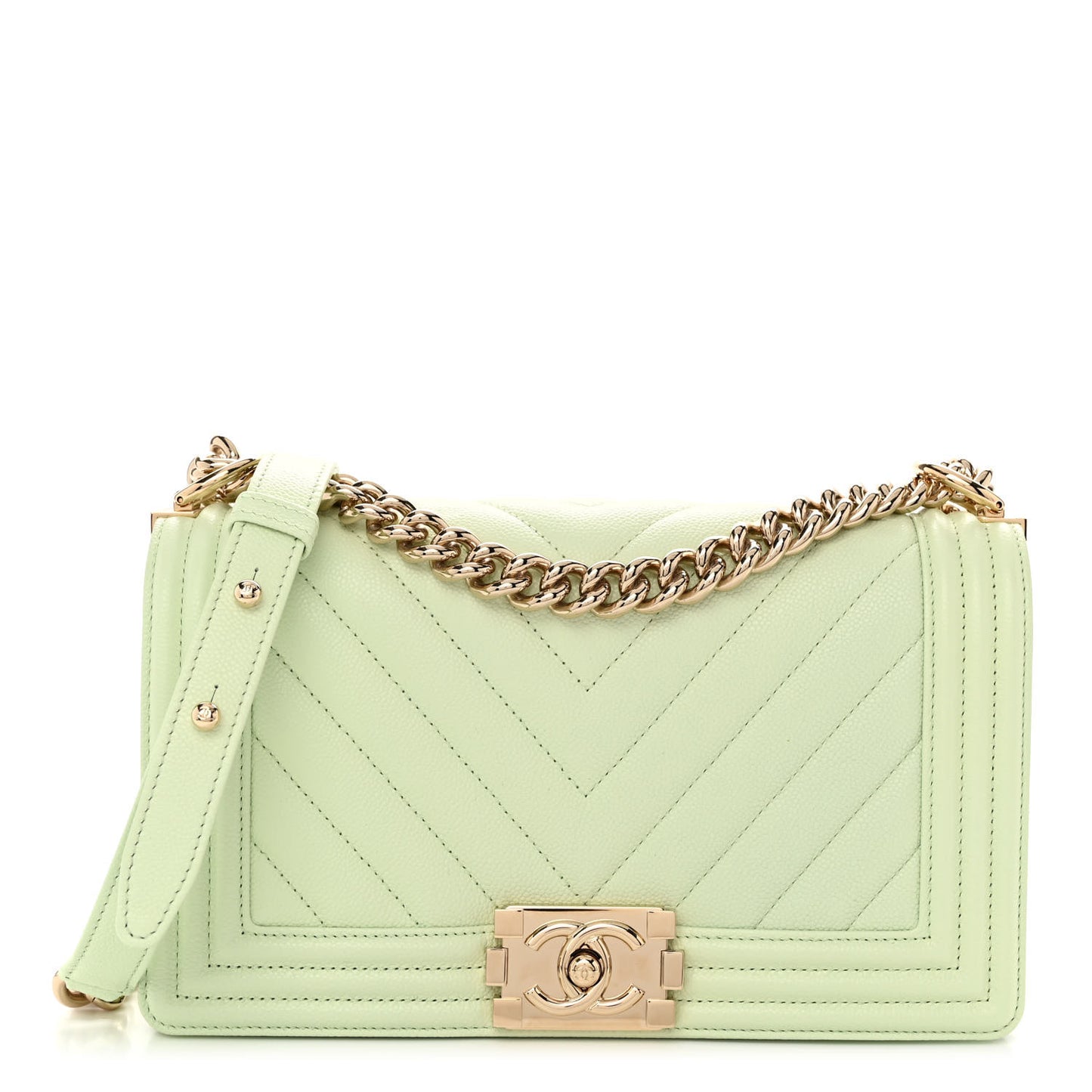 Caviar Chevron Quilted Medium Boy Flap Light Green